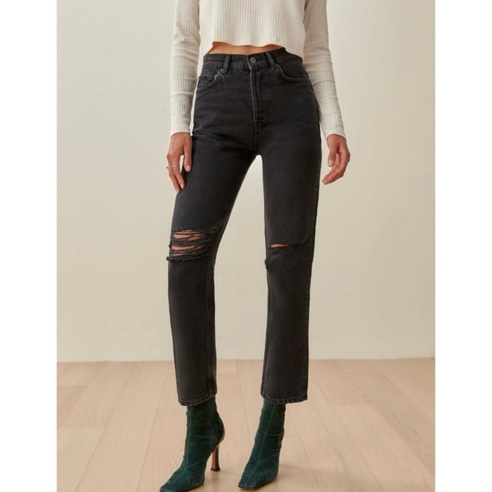 REFORMATION Cynthia High Rise Straight Jeans Black Lagoon Destroyed Size 25
